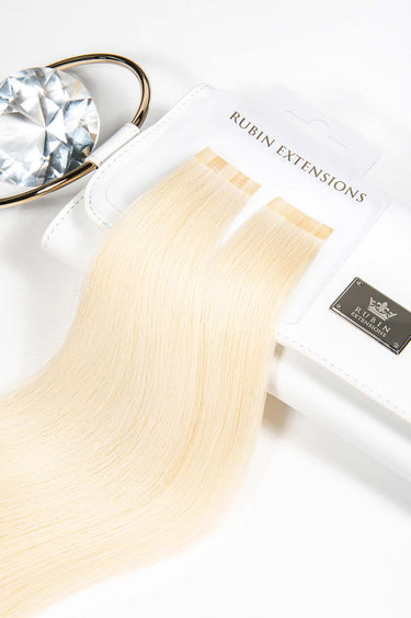 Product packaging for Light Blonde keratin bond hair strands, Premium Line – Rubin Extensions®