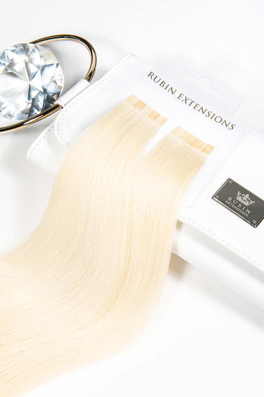 Platinum Blonde keratin bond hair strands, Pro-Deluxe Line, packaging view, 100% human hair – Rubin Extensions®