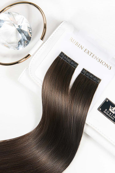 Elegant packaging for Pro-Deluxe keratin strands in Chocolate Dark Brown – Rubin Extensions®