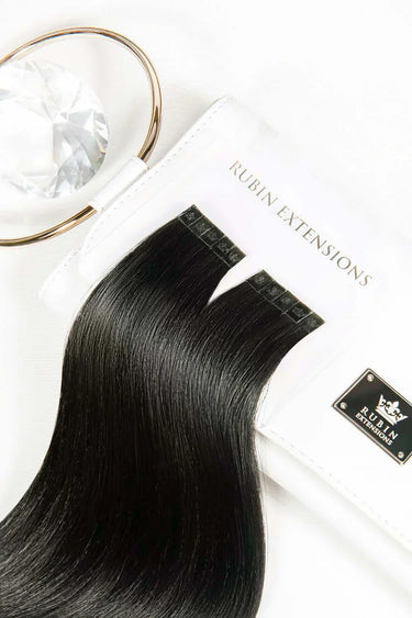 Elegant box presenting Pro-Deluxe keratin bond strands in Black – Rubin Extensions®