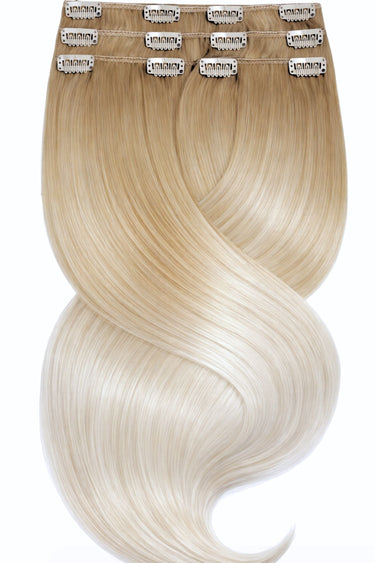 Honey Blonde & Silver Blonde clip-in extensions, Sombré balayage blend, 100% human hair – Rubin Extensions®