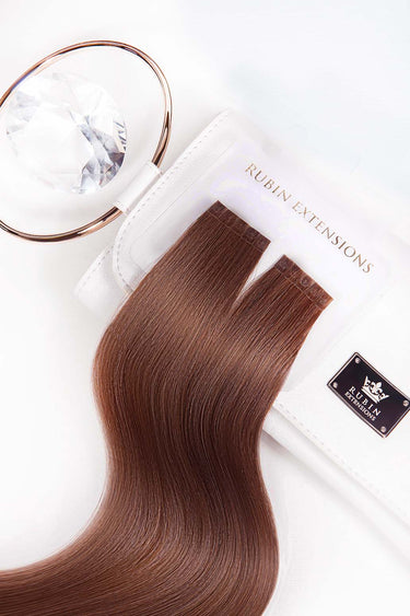 Gift packaging for Mahogany Brown keratin bond hair strands, Premium Line – Rubin Extensions®