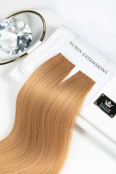 Elegant packaging for Light Brown Caramel keratin bond hair strands, Premium Line – Rubin Extensions®