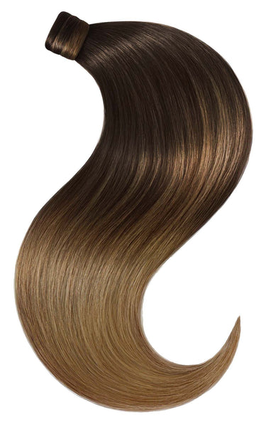 Black & Light Brown Caramel ponytail extensions, Sombré balayage, 100% human hair, 36–56 cm – Rubin Extensions®