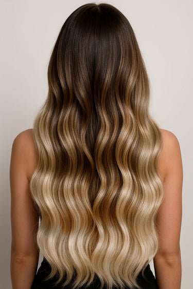 Model with Deluxe Line clip-ins in a Sombré look, Chocolate Dark Brown & Platinum Blonde – Rubin Extensions®