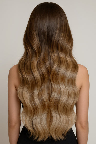 Woman with long, voluminous Chocolate Dark Brown & Honey Blonde hair from Deluxe Line clip-ins – Rubin Extensions®