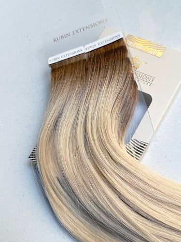 Root detail of Golden Blonde tape-in extensions, 100% human hair – Rubin Extensions®
