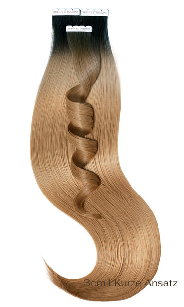 Complete tape-in set in Black & Light Brown Caramel, Sombré blend, 100% Remy human hair, 51 cm – Rubin Extensions®
