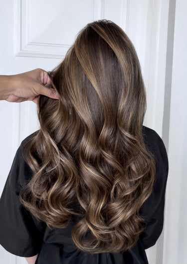 Back view of model with Genius Weft extensions in Luis Velvet Brown – Rubin Extensions®