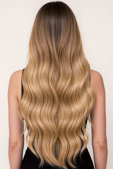 Model with long Caramel Mocha hair from clip-in extensions – Rubin Extensions®