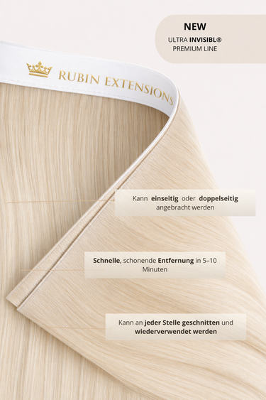 Back view of model with Hazelnut-Brown & Summer-Blonde Genius Wefts, length markers 25–55 cm – Rubin Extensions®