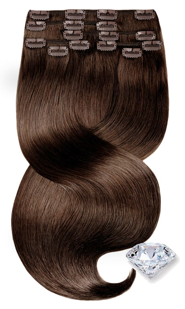 Chestnut Dark Brown Diamond Line clip-in extensions, full view, 30–50 cm, 100% human hair – Rubin Extensions®