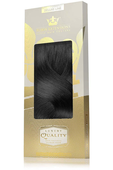 Elegant gift packaging with Rubin Extensions logo for Black clip-in extensions, Deluxe Line – Rubin Extensions®