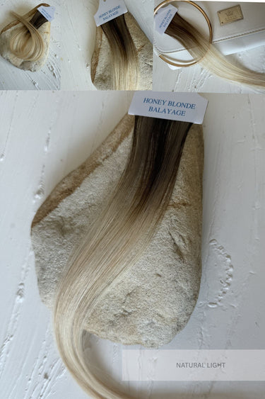 Close-up of Honey-Blond balayage strands in natural light, Genius Weft – Rubin Extensions®