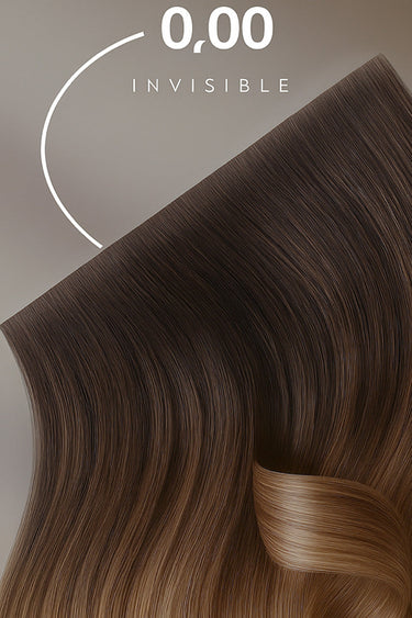 Detail of hanging Black tape-in human hair strands – Rubin Extensions®