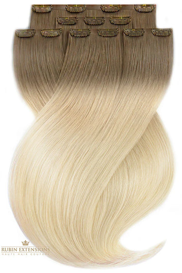 Clip-in human hair weft laid flat, Natural Golden Brown & Light Blonde, Fashion Line, short root – Rubin Extensions®