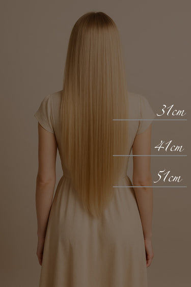 Back view of model with length markers, Honey Blonde tape-in extensions – Rubin Extensions®