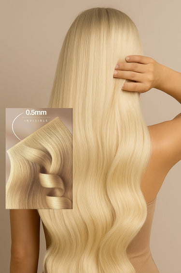 Model with glossy Light Blonde hair from Deluxe Line clip-in extensions – Rubin Extensions®