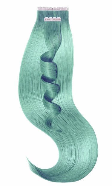Close-up of Green Pastel strands, Pro-Deluxe Pastel Line tape-ins, 25 g human hair – Rubin Extensions®