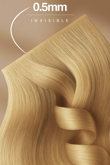 Close-up of the invisible root on Hazelnut Brown & Summer Blonde tape-in extensions – Rubin Extensions®