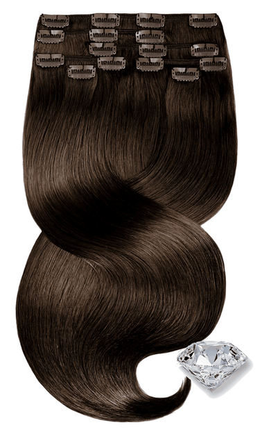 Chocolate Dark Brown invisible clip-in extensions, full view, 30–50 cm, 100% human hair – Rubin Extensions®